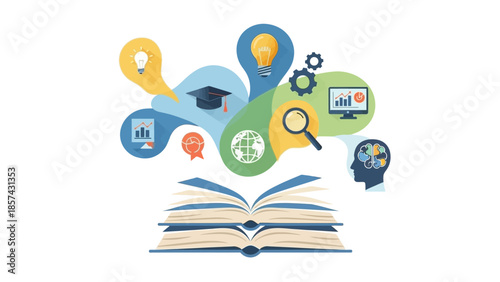 Open book with lightbulbs, magnifying glass, graduation cap, and charts symbolizing knowledge, learning, and success