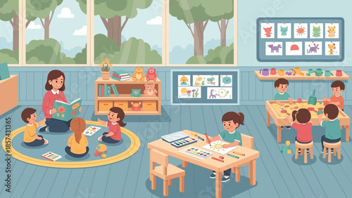 Vibrant and engaging classroom environment where young children learn, play, and grow with their teacher and classmates