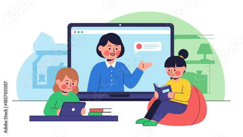 A vibrant illustration depicting young students immersed in remote learning, actively participating in a virtual class led by an online teacher, fostering effective digital education