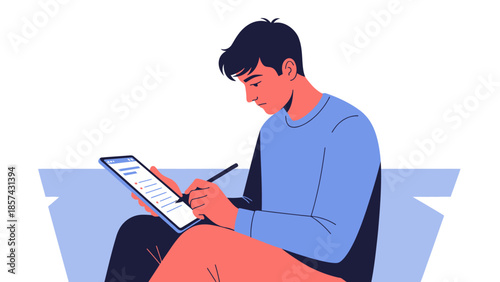 Young man diligently working on a digital tablet, taking notes or managing tasks with a stylus, showcasing modern productivity and digital learning