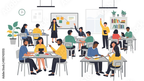 Diverse group of students actively engaged in a modern classroom learning environment, with a teacher leading a presentation