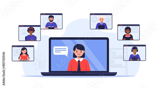Online learning and virtual meetings with people connecting on laptop screen