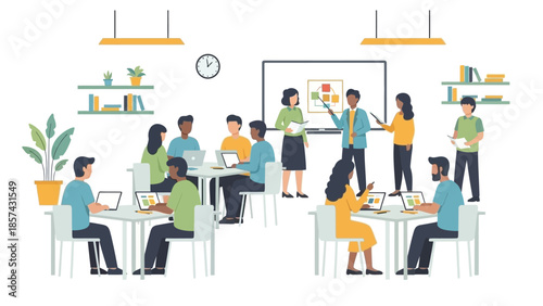 Diverse group of people in a modern office collaborating and learning in a bright, open-plan workspace