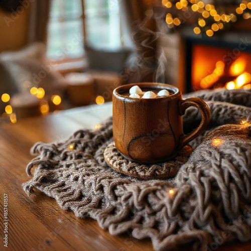Cozy winter evening with steaming mug of hot cocoa and warm lights in a rustic setting