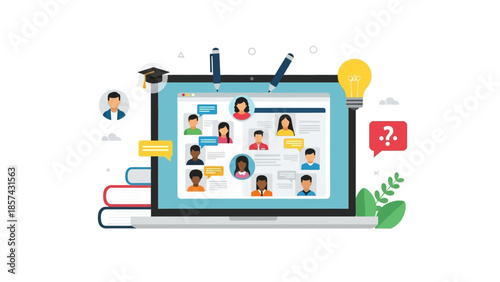 Visual concept of online education and virtual collaboration, illustrating a digital platform for remote learning, e-learning, and interactive video conferences