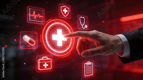 A hand touching a glowing red medical cross on a futuristic healthcare interface with digital medical icons.