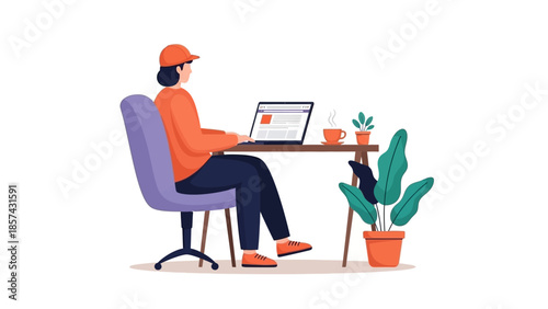 Modern professional engaging in focused digital work at a comfortable home office setup, embodying efficient remote productivity and flexible freelance lifestyle