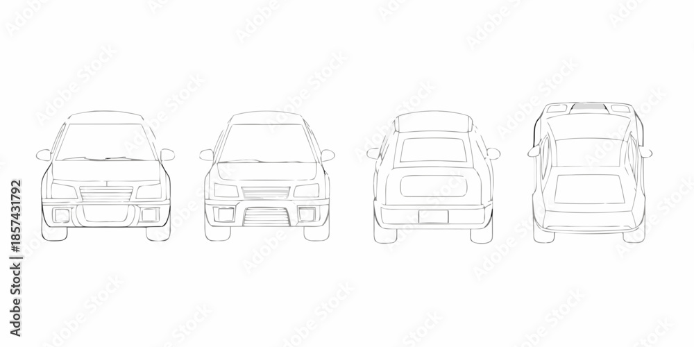Obraz premium Line drawing illustration of a small van from four different views