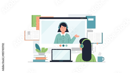 Online education and remote learning concept with a student wearing headphones attending a virtual class on a laptop