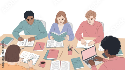 Diverse students collaborate in a productive study group, fostering teamwork and shared learning experiences for academic success and knowledge acquisition