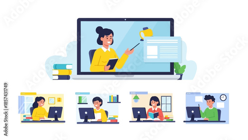 Engaging Online Education and Remote Learning Concept with Virtual Classroom Teacher and Diverse Students Studying from Home