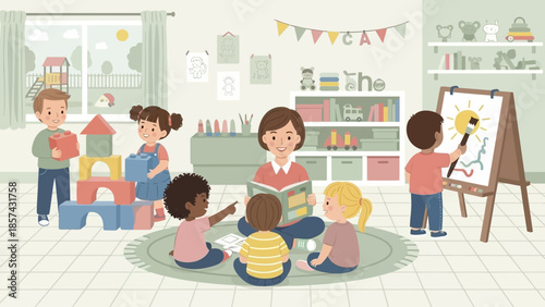 Children engaging in educational activities and playing with building blocks in a bright classroom setting
