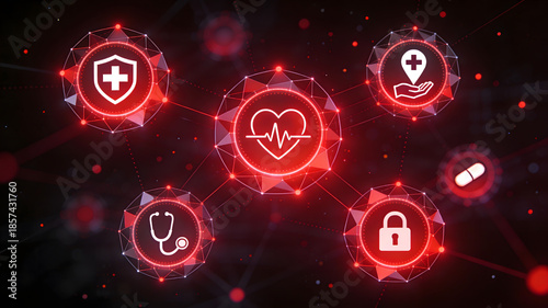 Red glowing healthcare icons connected in a digital network with a heart rate symbol in the center.