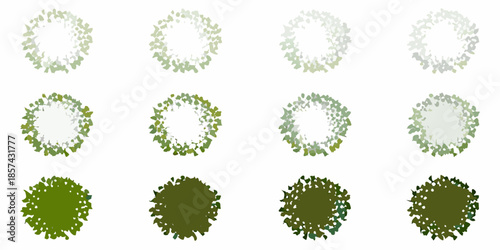 A collection of circular tree canopy views from above varying in density