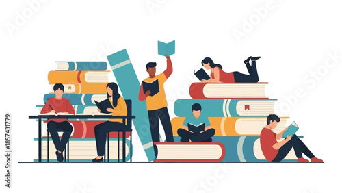 A diverse group of individuals immersed in reading, surrounded by towering book stacks, symbolizing education, lifelong learning, and the pursuit of knowledge