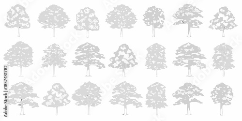 A collection of various tree shapes and silhouettes in grayscale tones