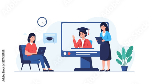 Digital Learning and Virtual Graduation Celebration Students pursue online education, achieve academic success, and mark milestones remotely using modern digital platforms