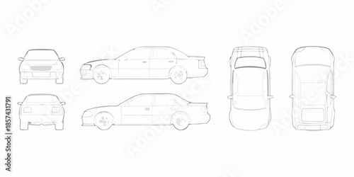 Schematic illustration of a sedan car from various perspectives in outline