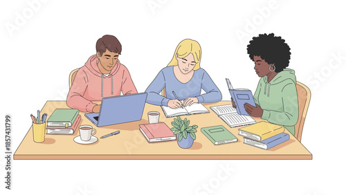 Diverse students engaged in a productive collaborative study session, using laptops and books at a desk, emphasizing focused learning and teamwork for educational success