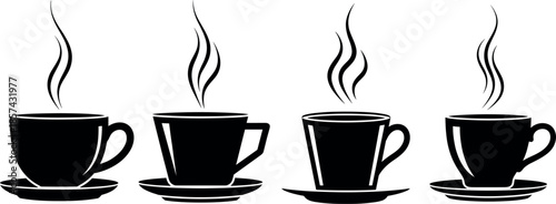 Vector Set of Four Steaming Coffee Cup Silhouettes with Saucers isolated on White