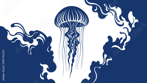 Blue jellyfish with long tentacles in water.