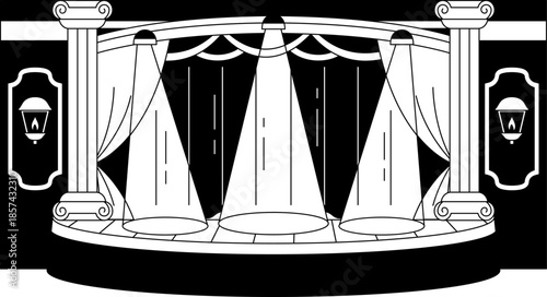 Black and white illustrations of A stage with three Spotlight and curtains
