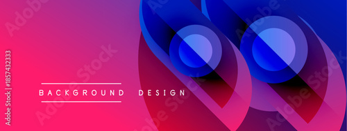 Abstract geometric shapes, vibrant gradients. Pink, blue hues create modern background design. Minimalist text elements present.