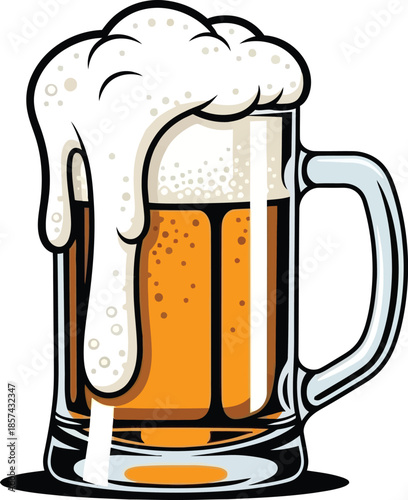 Frothy beer mug overflowing with foam a classic illustration for pubs bars and beverage advertising isolated on white