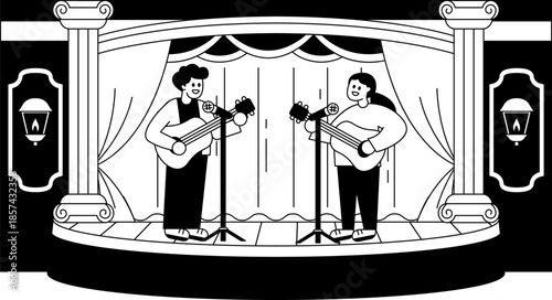Black and white illustrations of Two people playing guitars and singing on stage