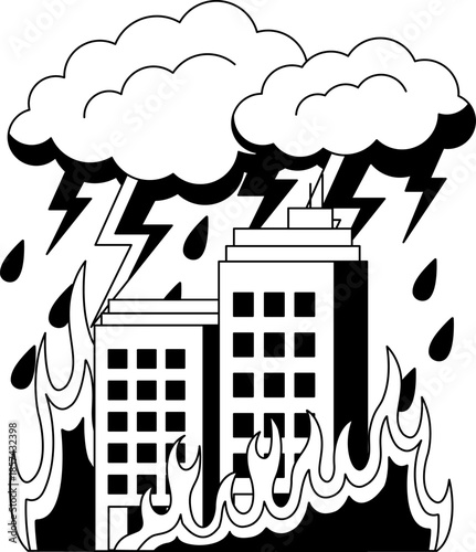 Black and white illustrations of two buildings on fire and a storm