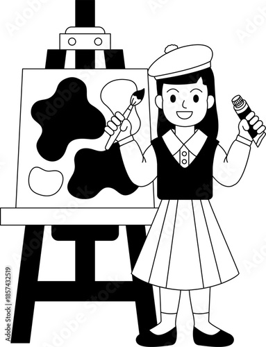 Black and white illustrations of A girl is painting a picture with a brush