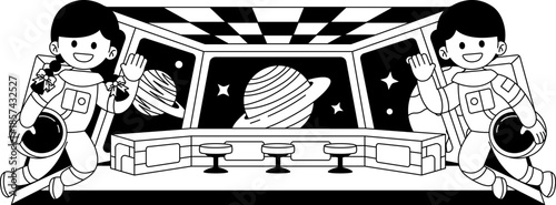 Black and white illustrations of The laboratory inside the space shuttle with two astronauts