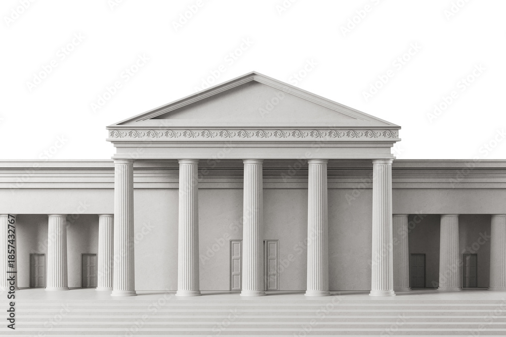 Obraz premium Classical style courthouse building with columns and pediment on white background, front view architectural concept in creative minimal composition. 3D Rendering