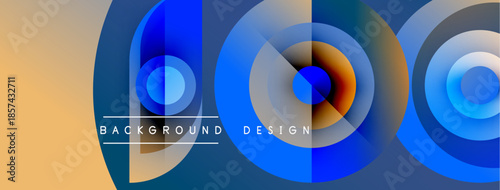 Abstract geometric shapes, vibrant colors, modern design. Circles overlap creating dynamic visual effect. Beige gradient complements blue tones.