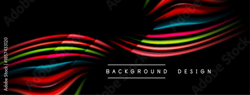 Abstract design features vibrant curved lines over black background. Colors include red, green, blue, yellow. Modern aesthetic.