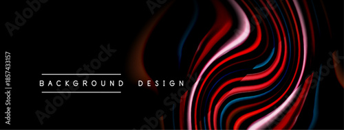 Abstract flowing lines create dynamic visual effect. Dark background emphasizes vibrant red, blue hues. Modern design element.