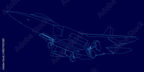 Detailed blueprint of a combat fighter jet, featuring its full contour, wingspan, and tail fins against a stark blue background.