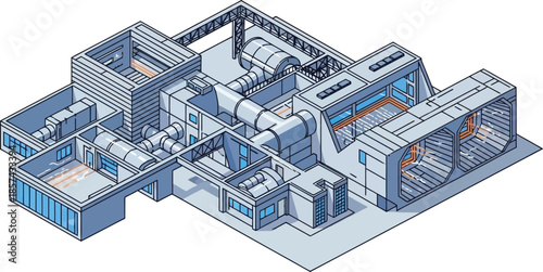 Isometric industrial ventilation system complex HVAC network with ducts and fans modern building infrastructure illustration for technology and engineering concepts