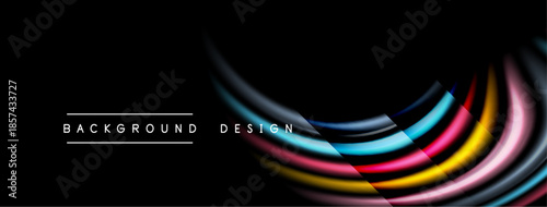Abstract colorful lines overlap black background. Modern design elements create dynamic visual impact. Smooth curves suggest movement, energy.
