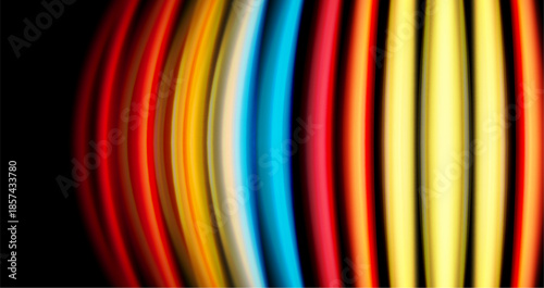 Abstract colorful lines create dynamic visual effect. Bright hues blend, forming rhythmic pattern against dark background.