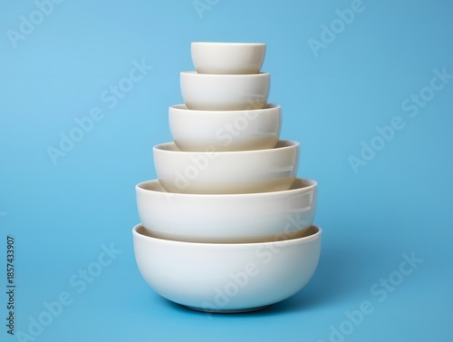 Stack of white bowls on blue background for culinary presentation