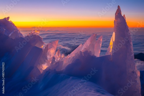 Stunning ice formations at sunrise above clouds