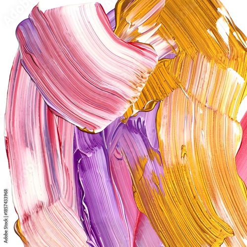 Vibrant abstract painting with pink, purple, and gold hues