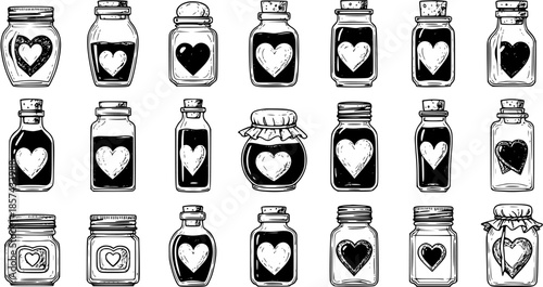 Valentine's Day and Love Concepts: Hand-Drawn Black  White Line Art Illustration Set of Heart Potions in Various Jars and Bottles, Ideal for Romance and Magic Themes