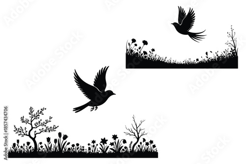 Black Silhouette Birds Flying Over Flower Fields white