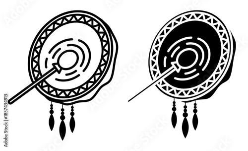Linear icon, isometric Shamanic drum decorated with magical ornaments and amulets. Simple black and white top view vector isolated on white background