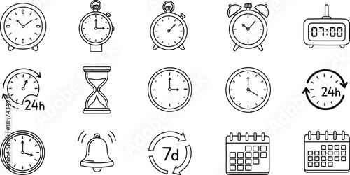 Collection of various clocks and calendar icons in line art style clock