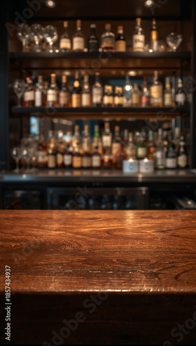 Empty wooden bar counter in front of shelves stocked with liquor bottles