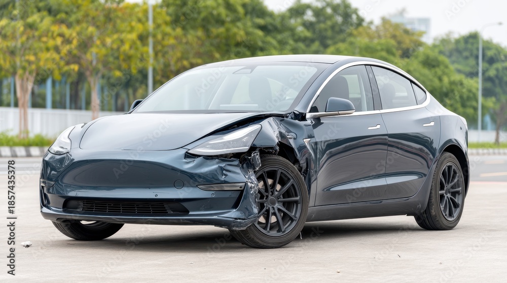 Naklejka premium Damaged electric sedan on urban street showing visible signs of collision with crumpled front panel and dark paint reflecting surrounding greenery