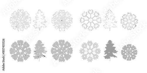A collection of grayscale snowflake and evergreen tree silhouettes arranged in rows